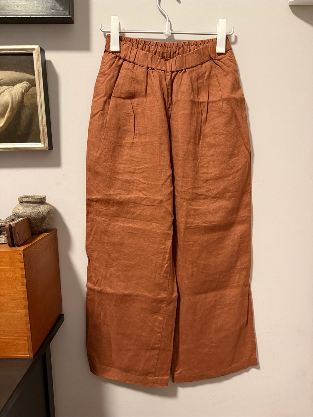 MUJI Wide-Leg Linen Pants - Rust Brown with Pockets